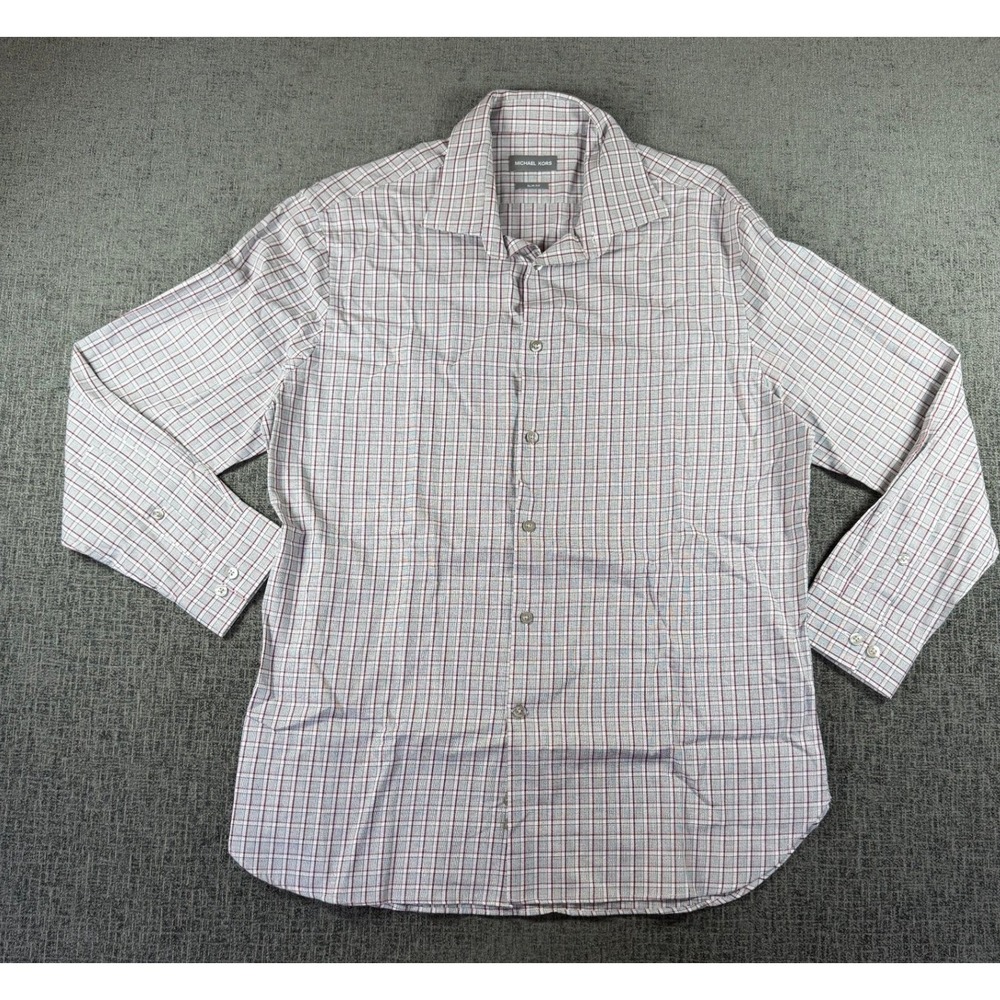 Michael Kors Mens Slim Fit Plaid Button Down Shirt Burgundy Grey Large 16-16.5